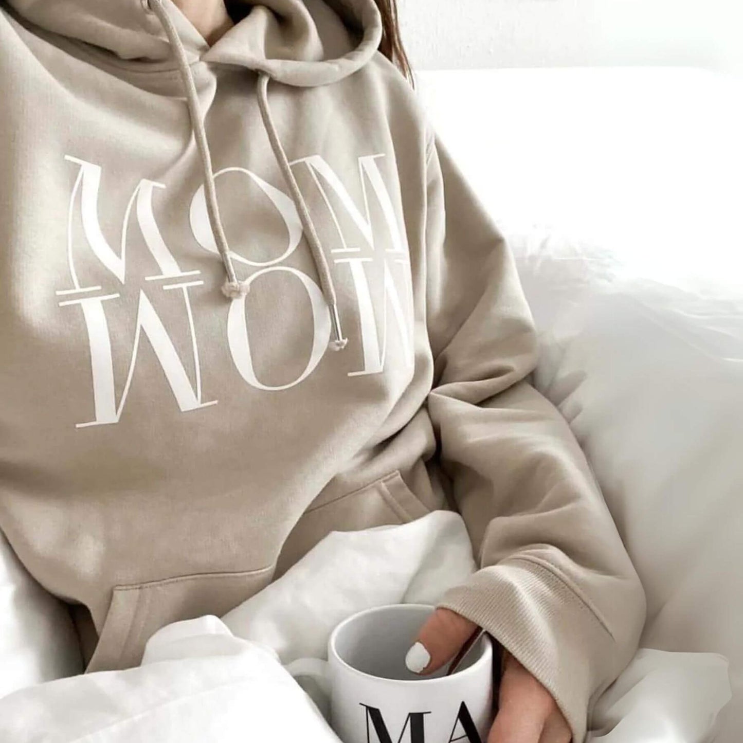 Mom Wearing Unique Love Design Hoodie ‘MOM WOW’ Natural Sand