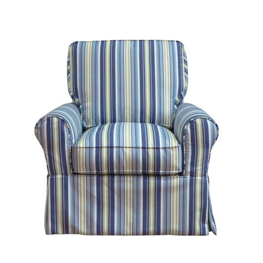 Sunset Trading Horizon Slipcovered Swivel Rocking Chair | Striped- Navy/Blue/Taupe/Brown/White