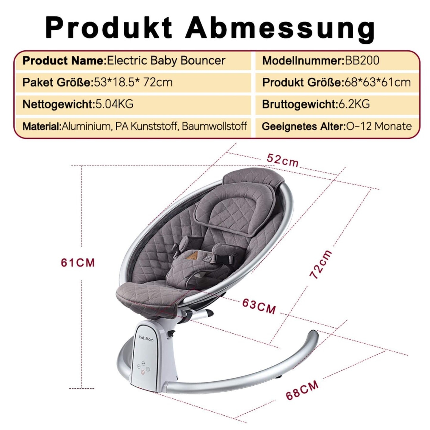 Hot Mom Electric Baby Bouncer for Infant - Carbon Gray with dimensions and specifications on a white background