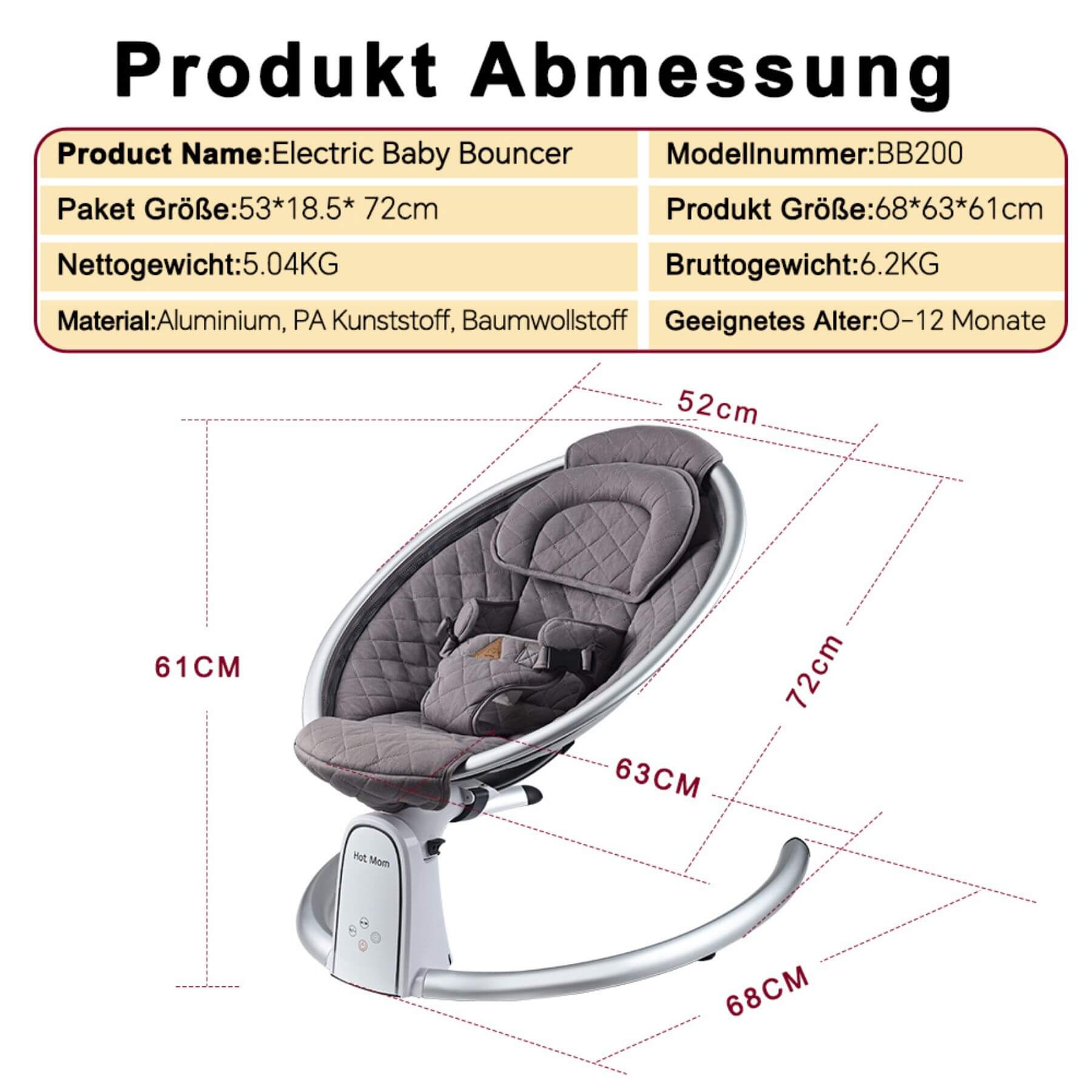 Hot Mom Electric Baby Bouncer for Infant - Carbon Gray with dimensions and specifications on a white background