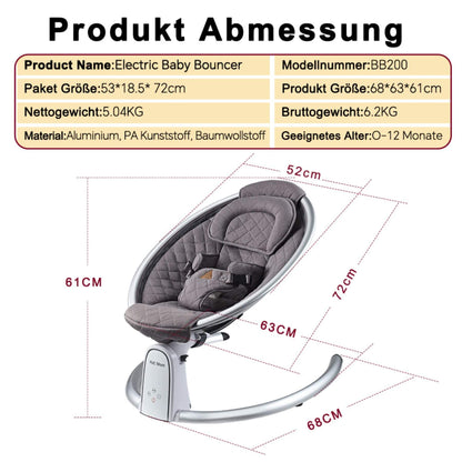 Hot Mom Electric Baby Bouncer for Infant - Carbon Gray with dimensions and specifications on a white background