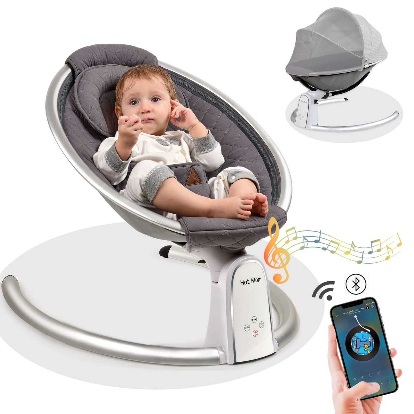 Baby in Hot Mom Electric Baby Bouncer for Infant - Carbon Gray with smartphone app interface on a white background