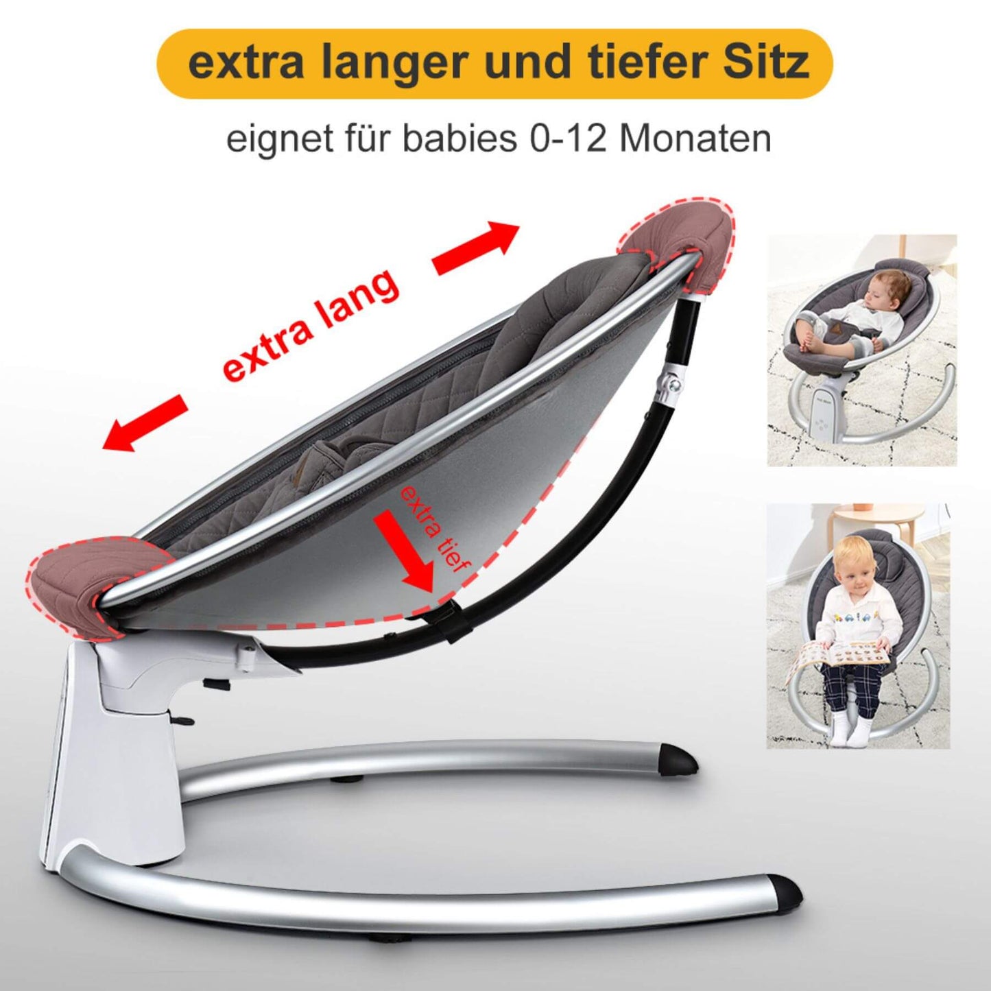 Hot Mom Electric Baby Bouncer for Infant - Carbon Gray with text indicating extra length and depth suitable for babies 0-12 months, with a baby sitting in it.