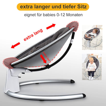 Hot Mom Electric Baby Bouncer for Infant - Carbon Gray with text indicating extra length and depth suitable for babies 0-12 months, with a baby sitting in it.