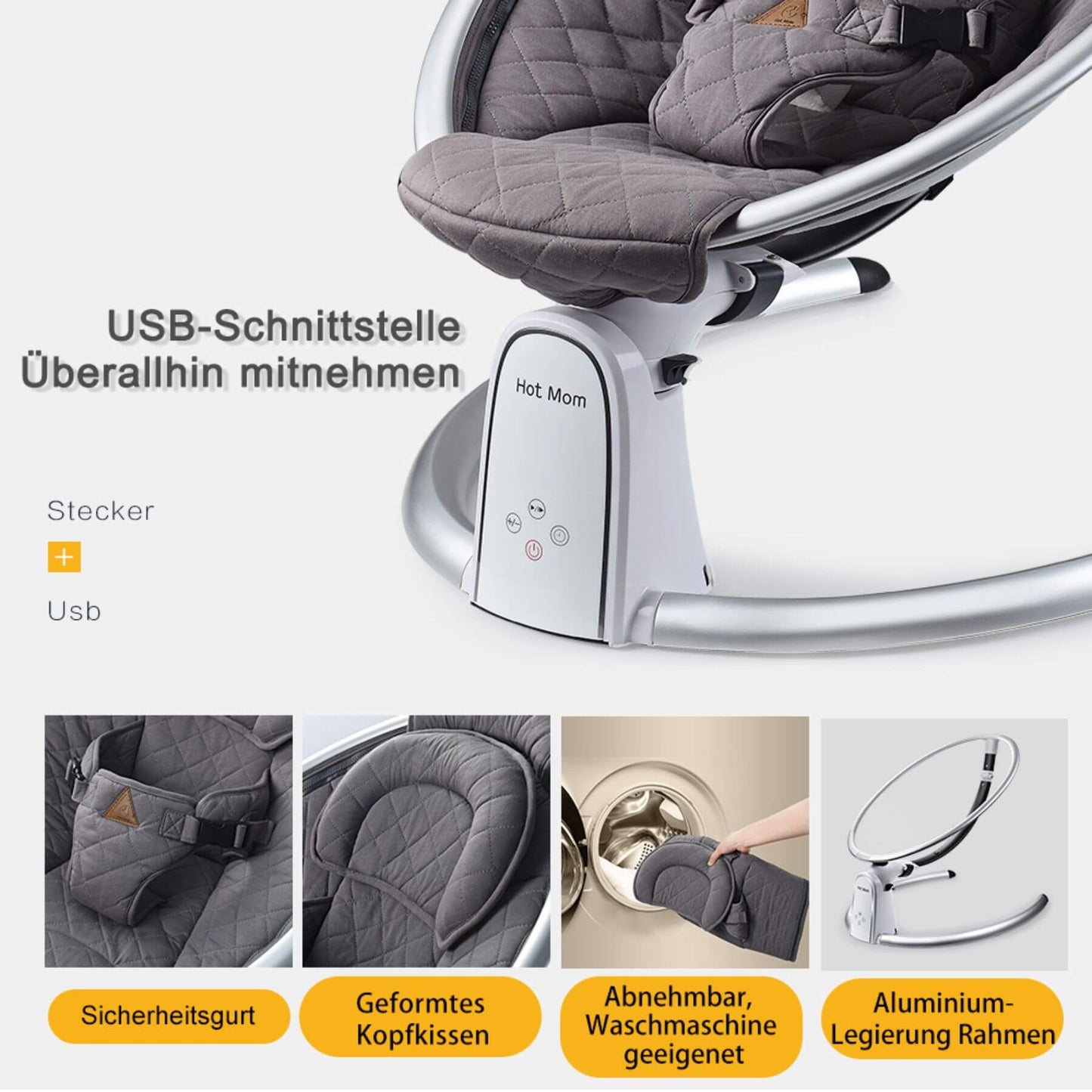 Hot Mom Electric Baby Bouncer for Infant - Carbon Grayr with USB port and various features highlighted