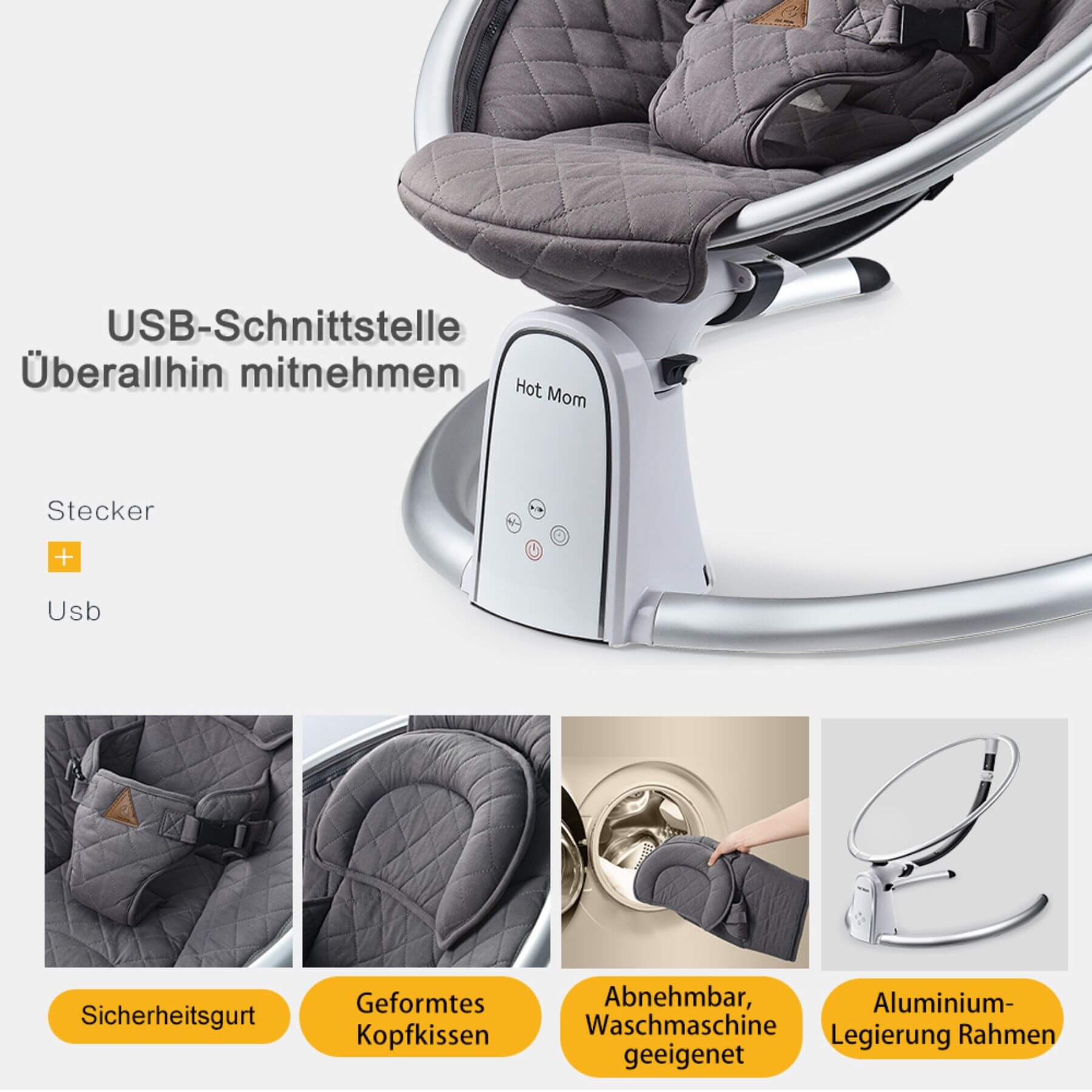 Hot Mom Electric Baby Bouncer for Infant - Carbon Grayr with USB port and various features highlighted
