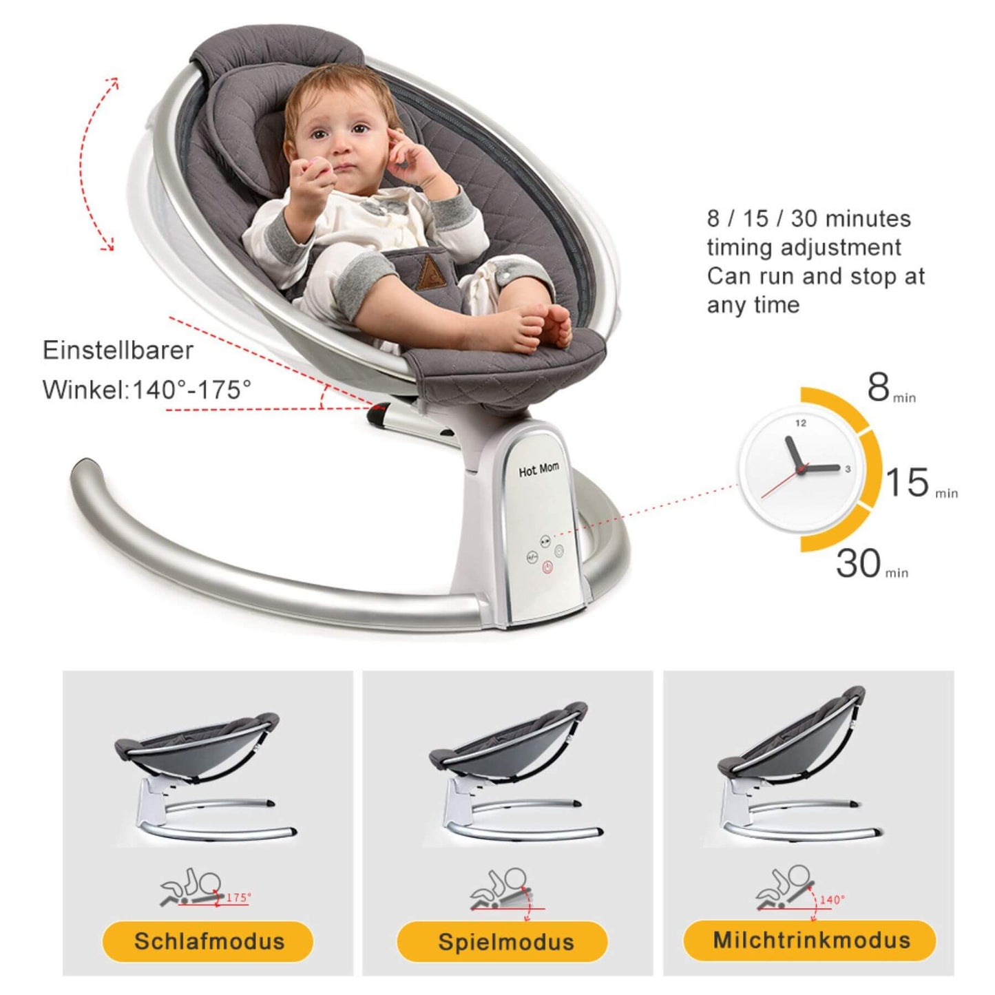 Hot Mom Electric Baby Bouncer for Infant - Carbon Gray with adjustable angles and timing features, with a baby inside.