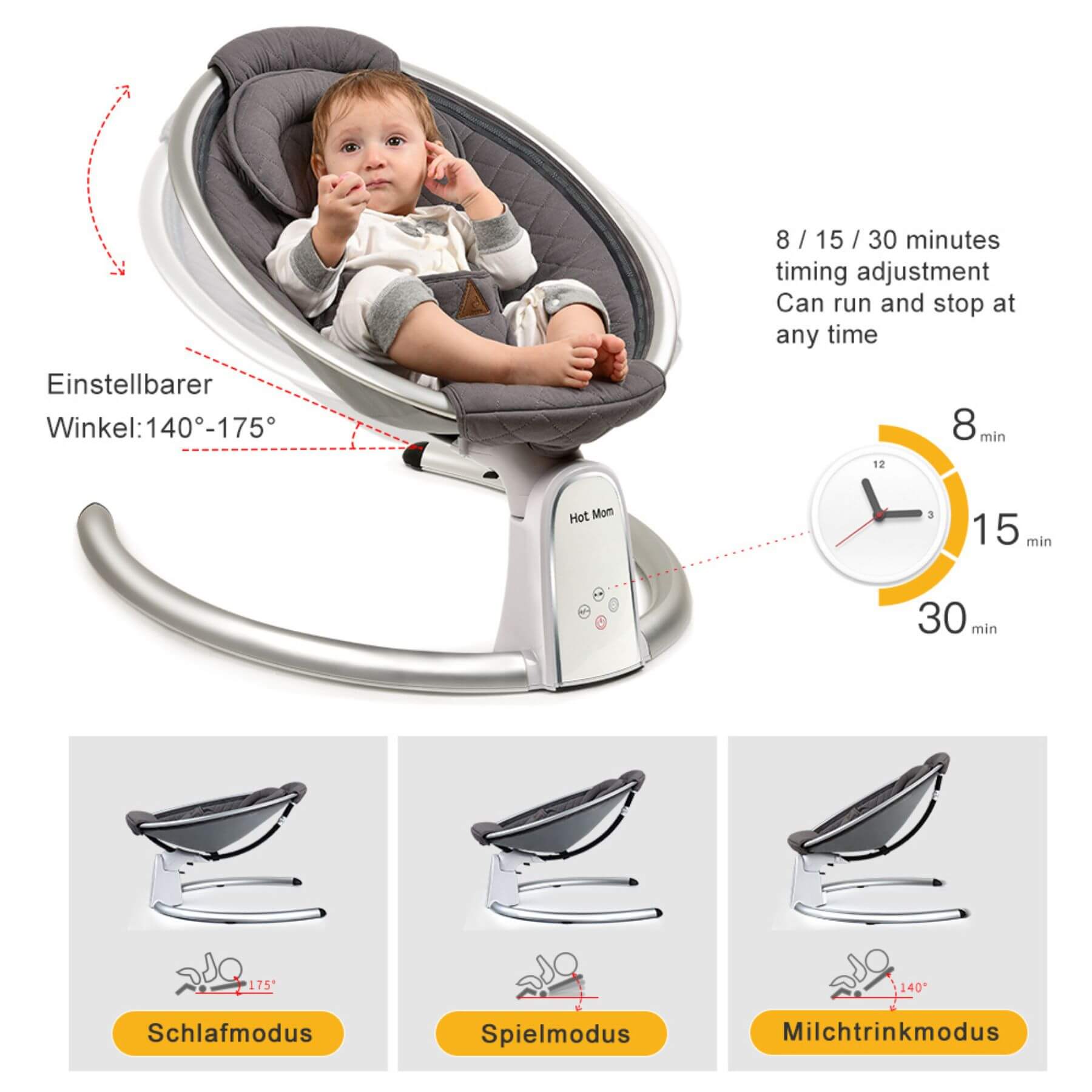 Hot Mom Electric Baby Bouncer for Infant - Carbon Gray with adjustable angles and timing features, with a baby inside.