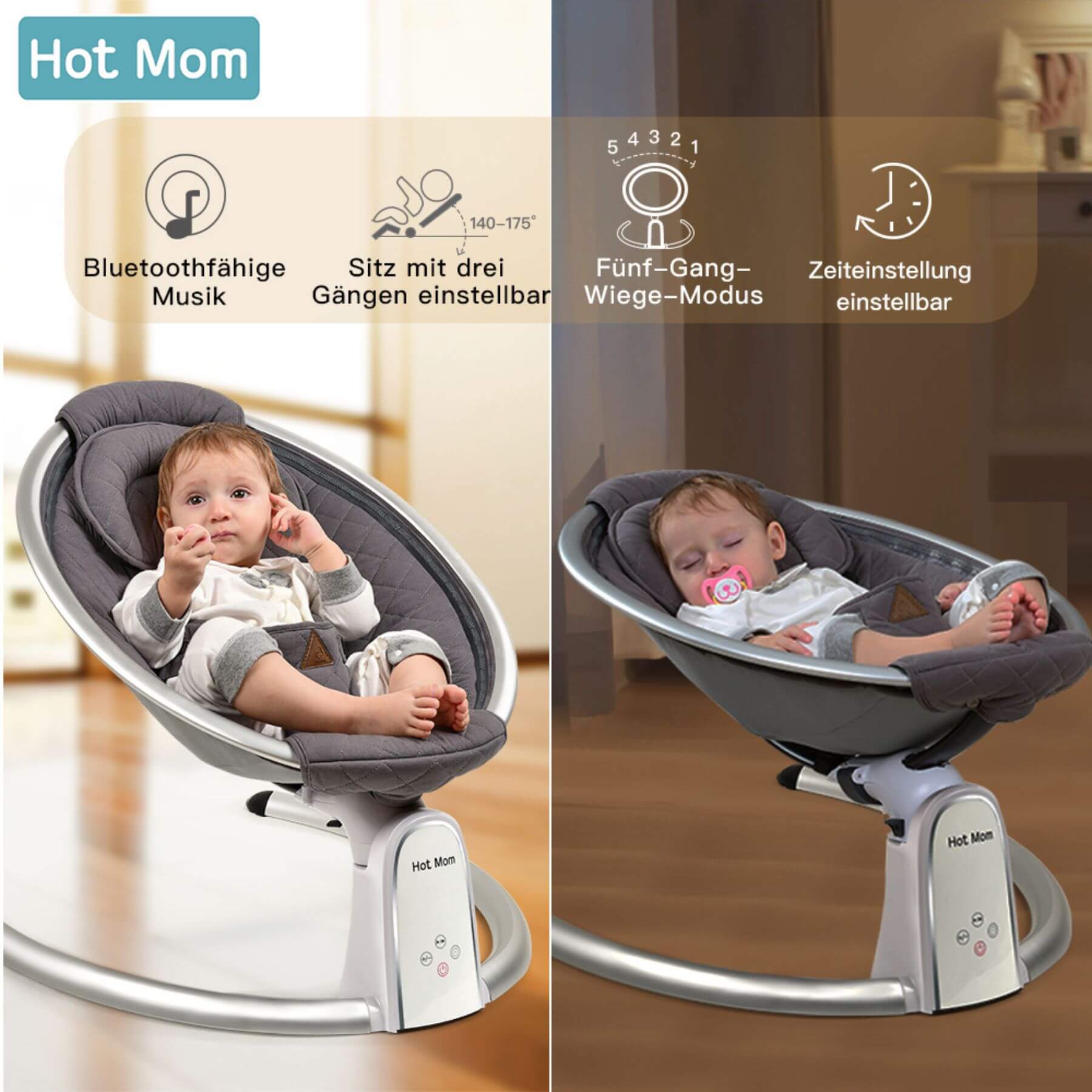 Hot Mom Electric Baby Bouncer for Infant - Carbon Gray and 'Hot Mom' branding
