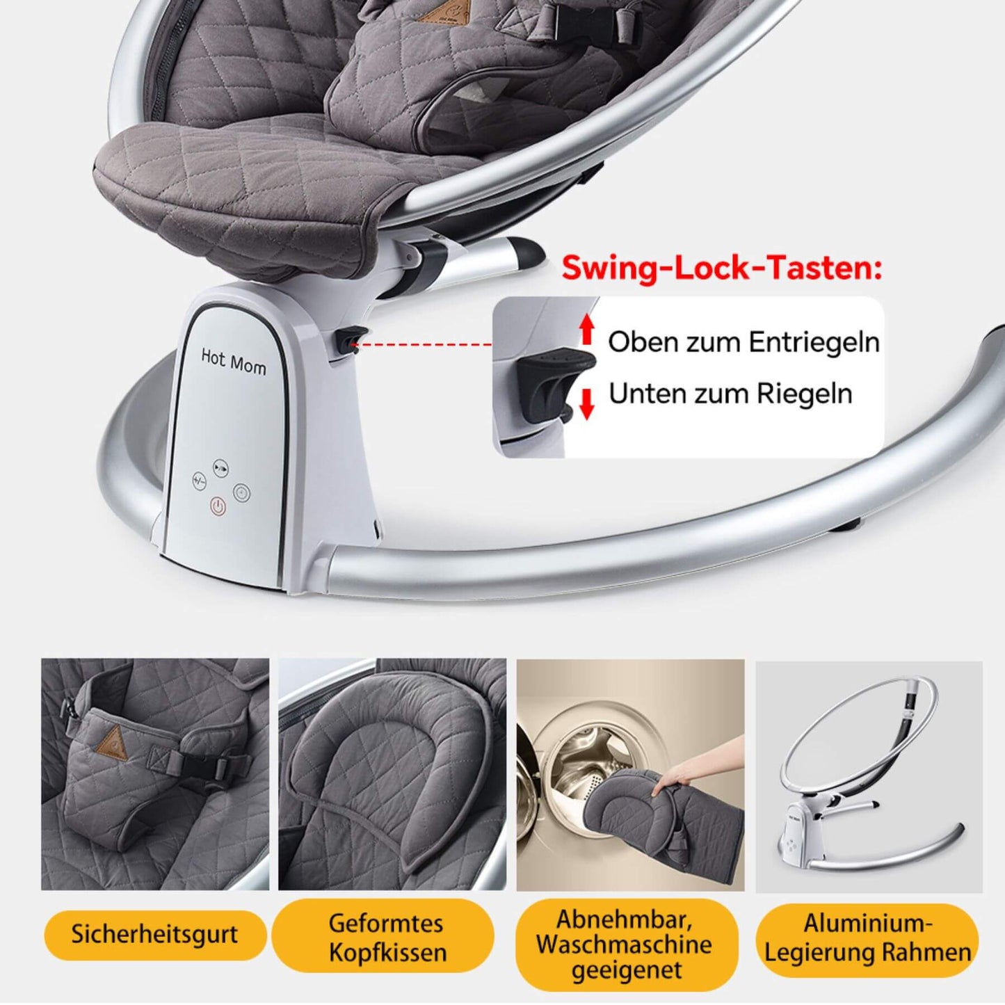 Hot Mom Electric Baby Bouncer for Infant - Carbon Gray with features highlighted on a white background