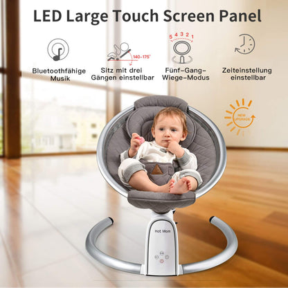 Baby in Hot Mom Electric Baby Bouncer for Infant - Carbon Gray with LED large touch screen panel features displayed.