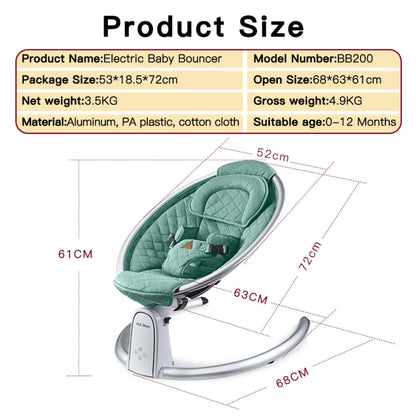 Hot Mom Electric Baby Bouncer for Infant - Green with dimensions and specifications on a white background
