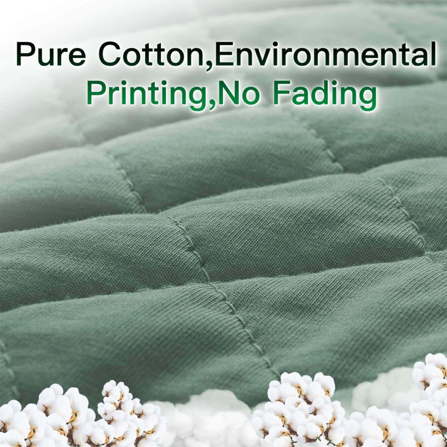 Green fabric with cotton plants and text about pure cotton, environmental printing, and no fading.