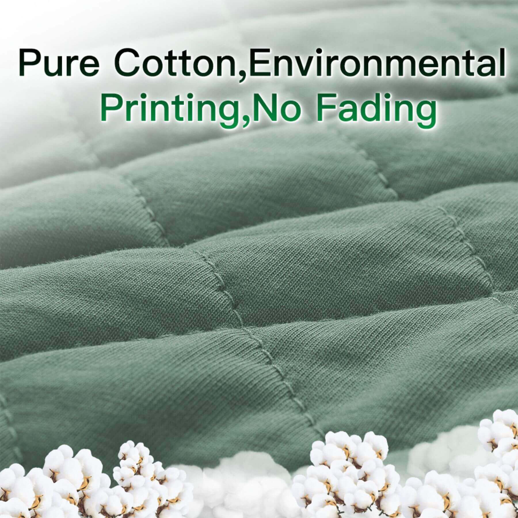 Green fabric with cotton plants and text about pure cotton, environmental printing, and no fading.