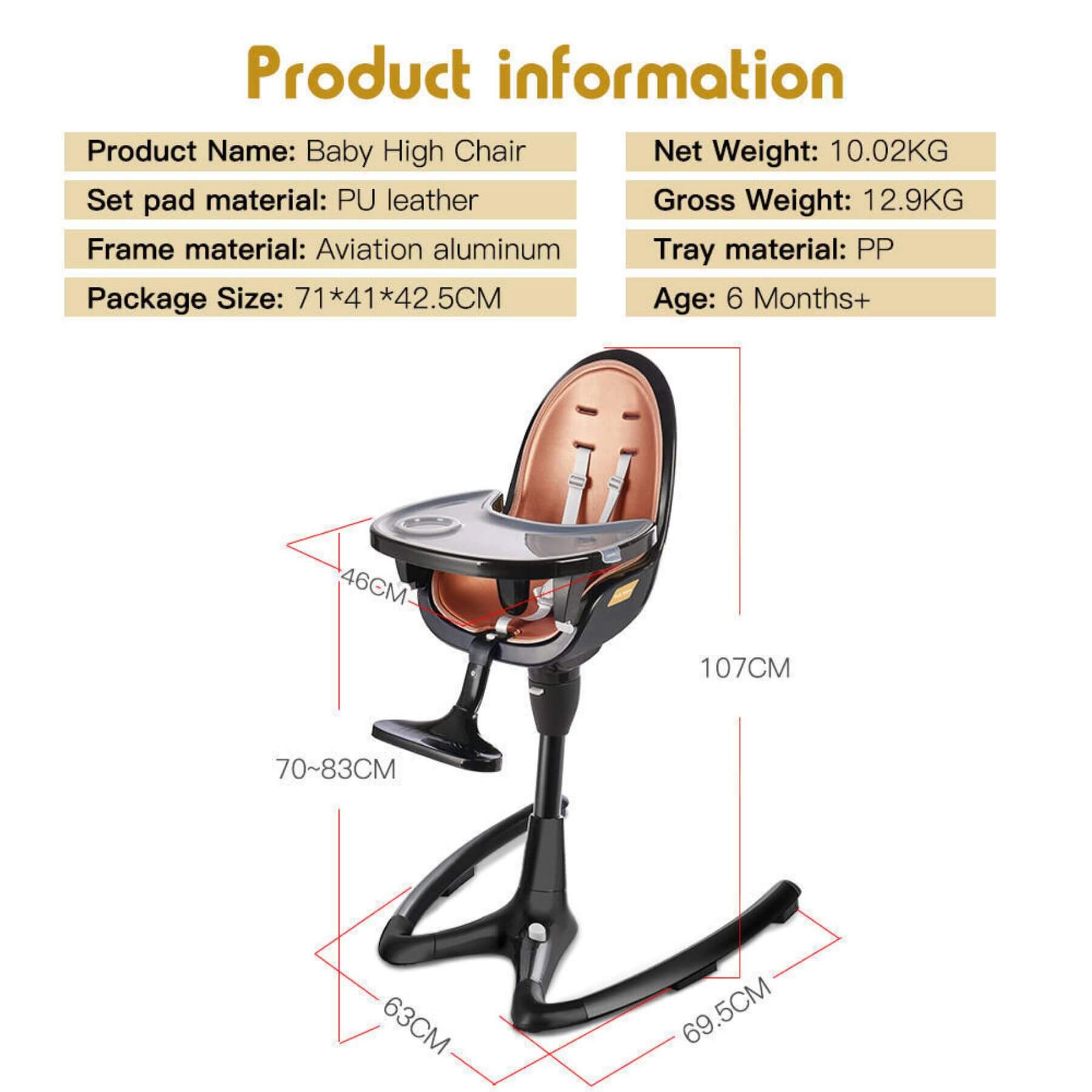 Hot Mom Luxury Baby High Chair Adjustable Seat - Black Gold with product information on a white background