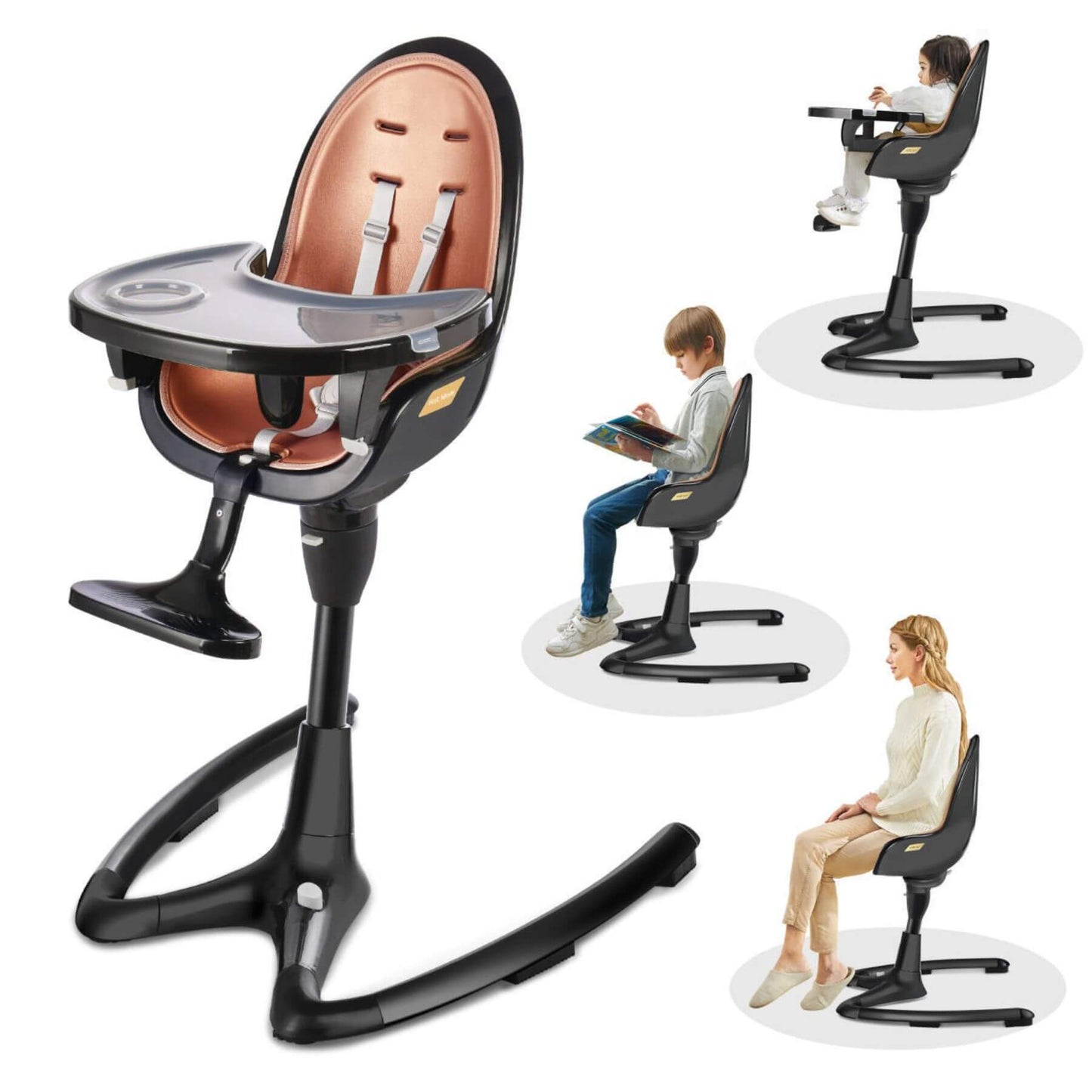 Hot Mom High Chair - Black Gold with various uses on a white background