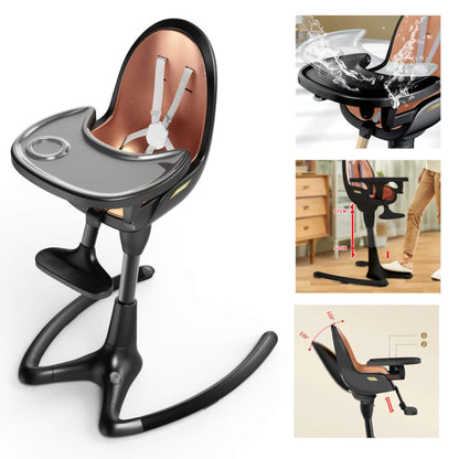 Hot Mom High Chair - Black Gold with adjustable height and armrests, shown from different angles.