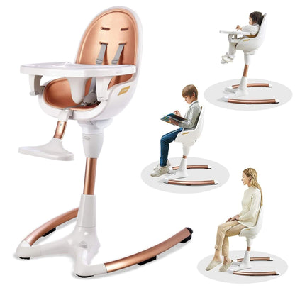 Multi-functional high chair with rose gold and white design, shown in various positions.