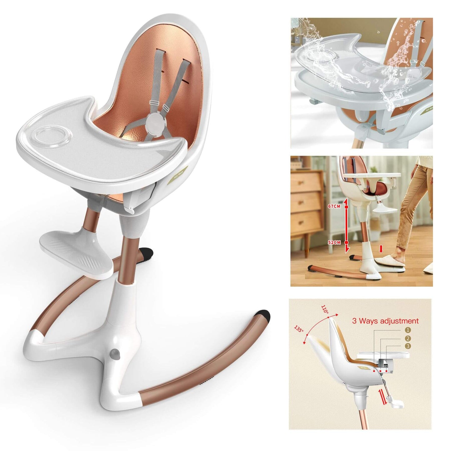 Collage of ot Mom High Chair - White Gold with adjustable features and water-resistant design.