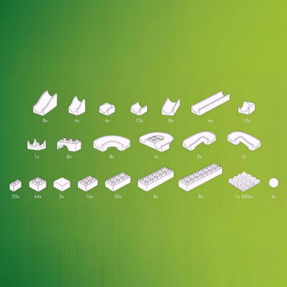 Set of white building block pieces on a green gradient background