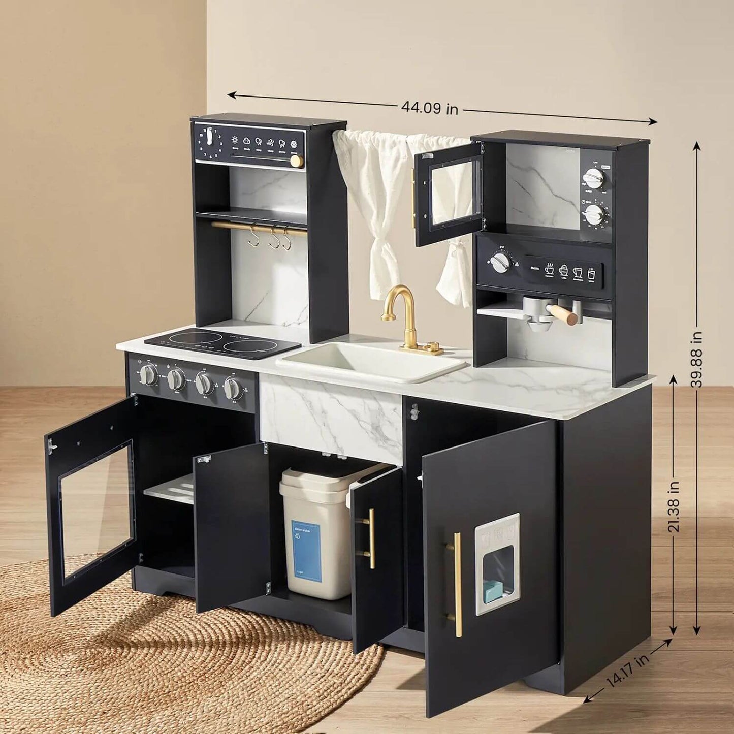 Tiny Land® Iconic Aqua Kitchen with Real-Flow Water System - Black w/ Doors Open