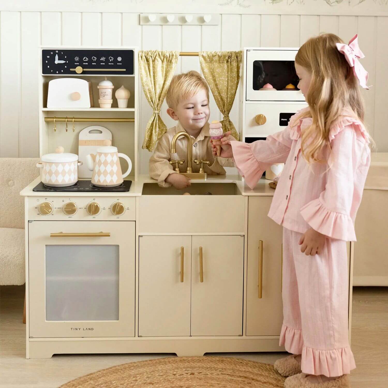 Kids Playing Tiny Land® Iconic Play Kitchen - Cream