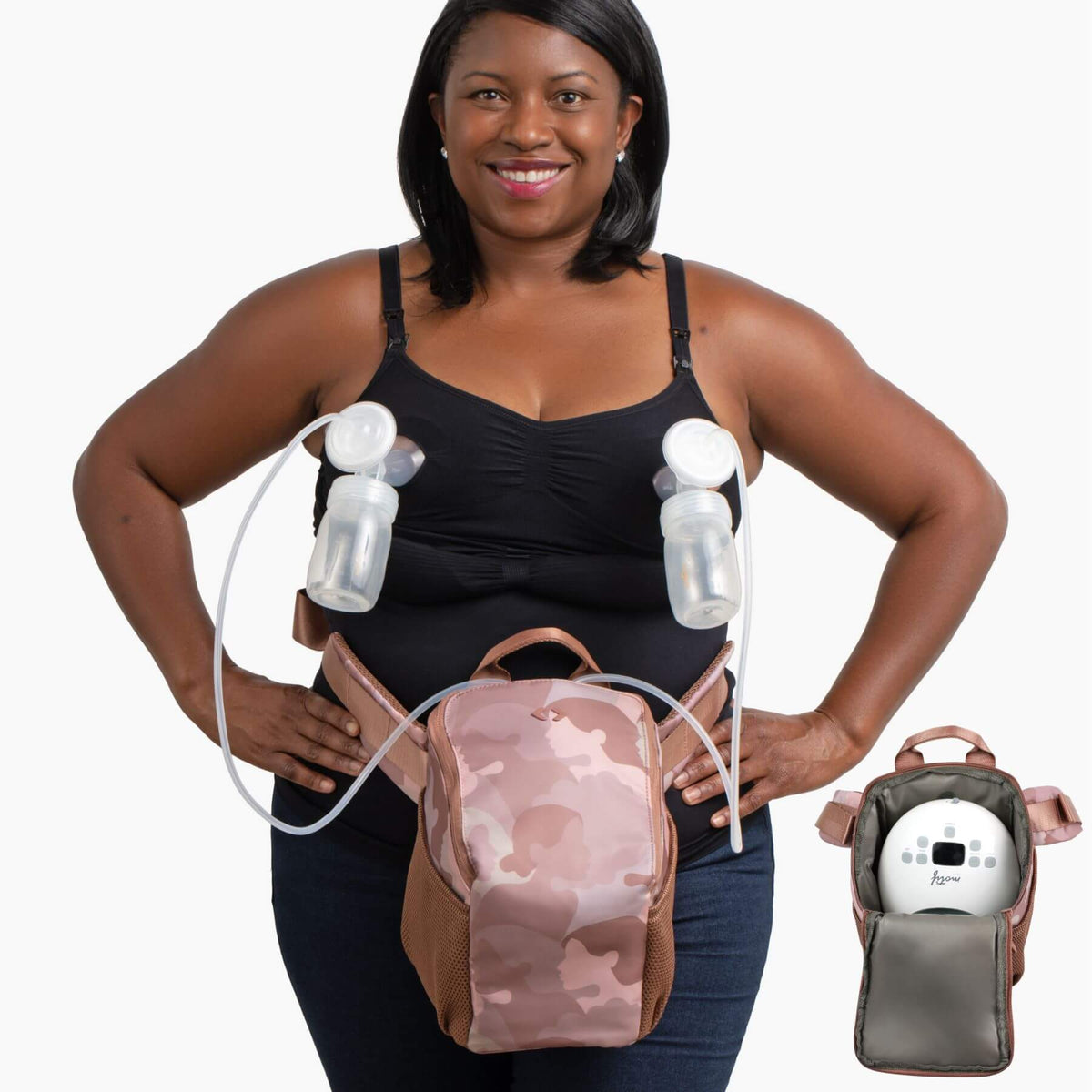 A woman wearing Idaho Jones Pumping Bag with connected breast pumps
