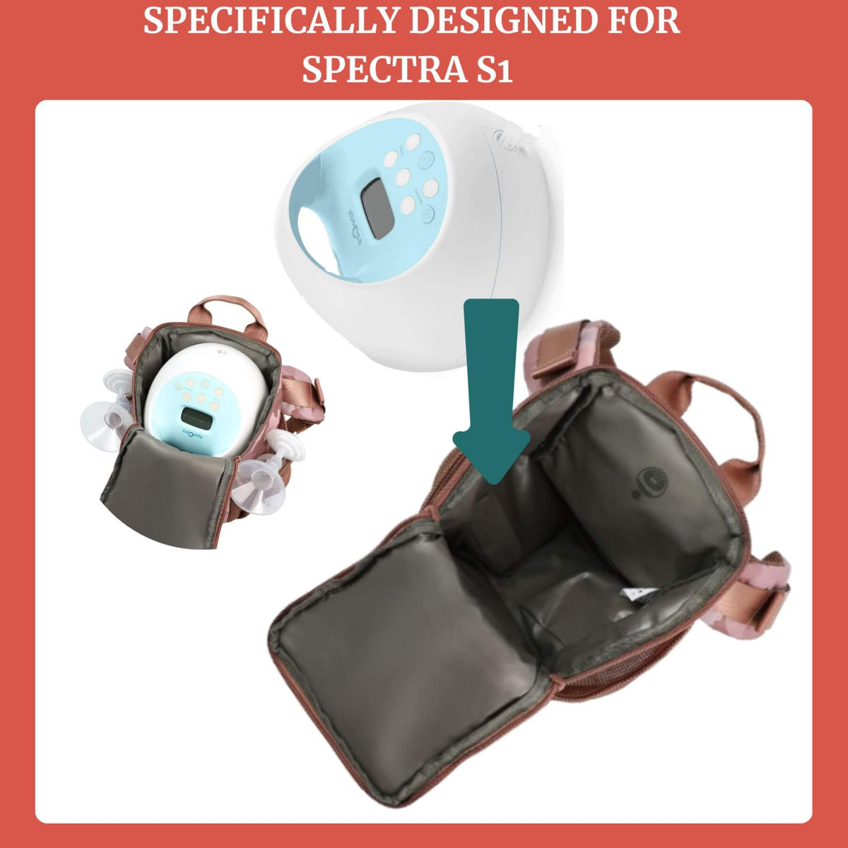 Backpack with a clear pocket showing Spectra S1 device, on a red background.