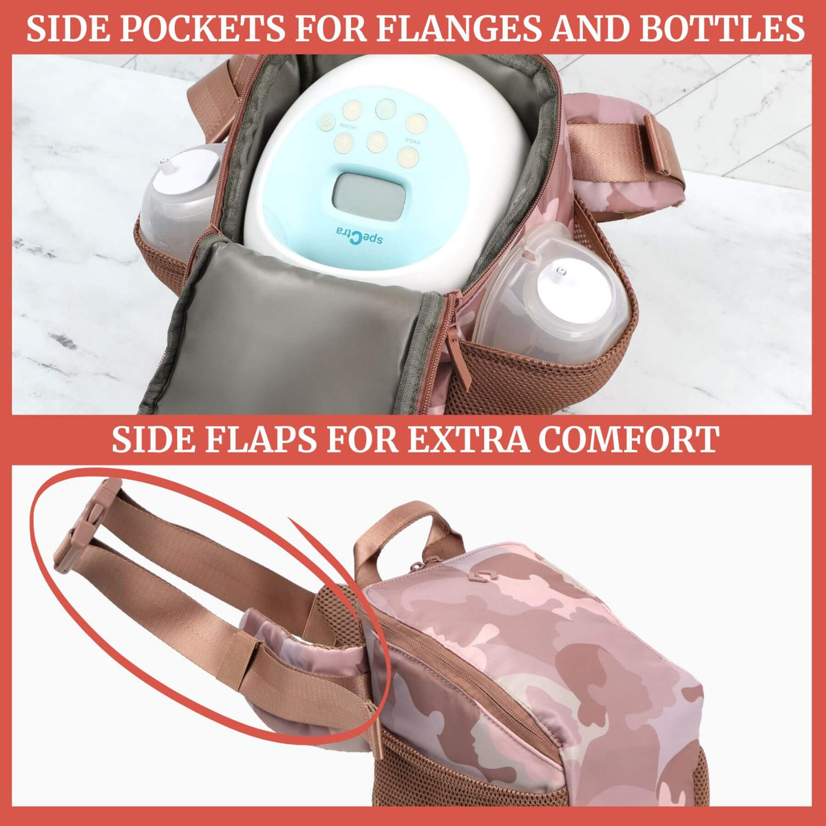 A dual-panel product feature graphic for Idaho Jones Pumping Bag for Spectra.