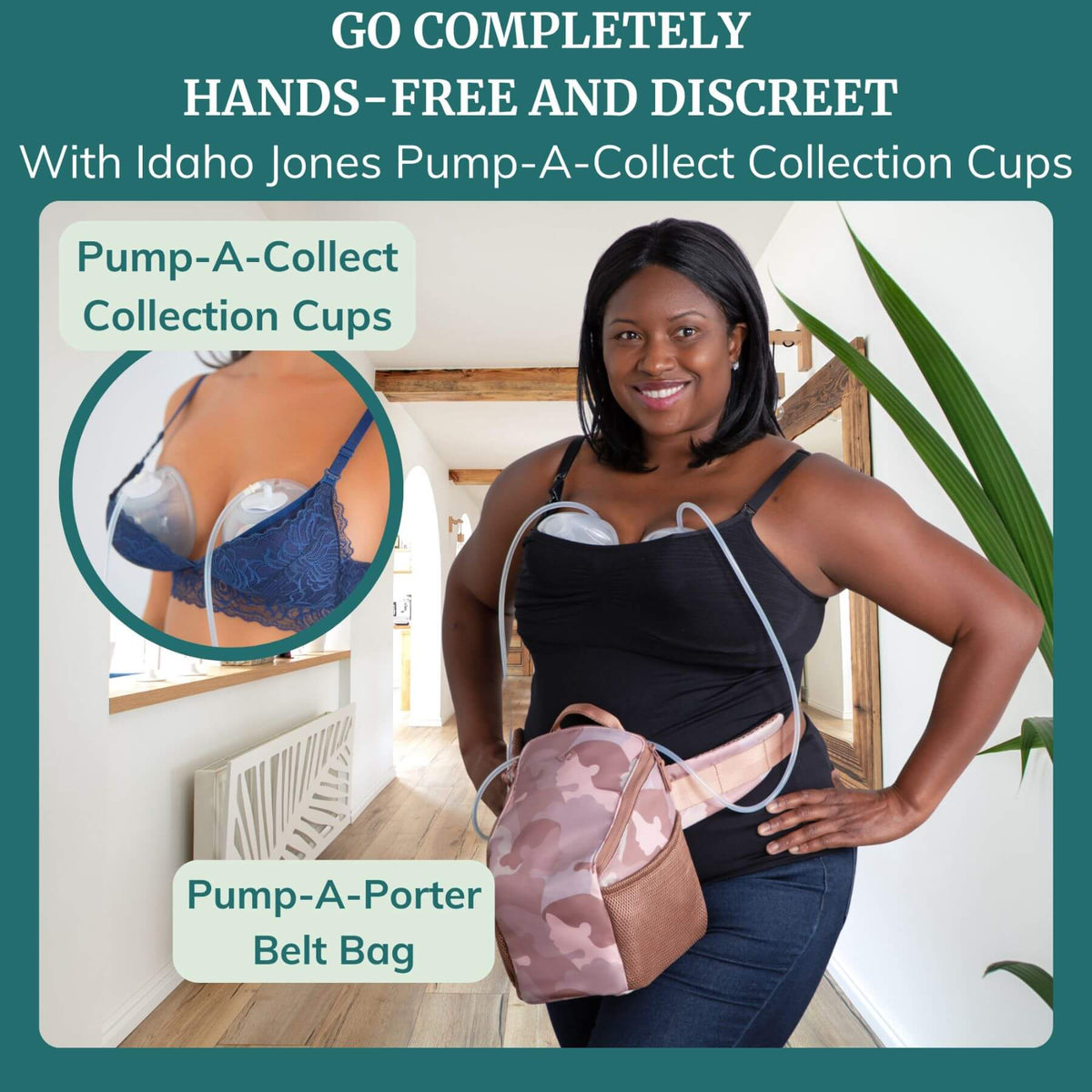 Woman wearing Pump-A-Collect Collection Cups with Idaho Jones Pumping Bag for Spectra.