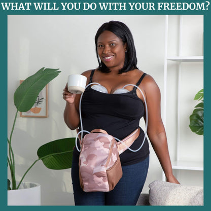 Woman holding a cup and Idaho Jones Pumping Bag in a home setting with text 'WHAT WILL YOU DO WITH YOUR FREEDOM?'
