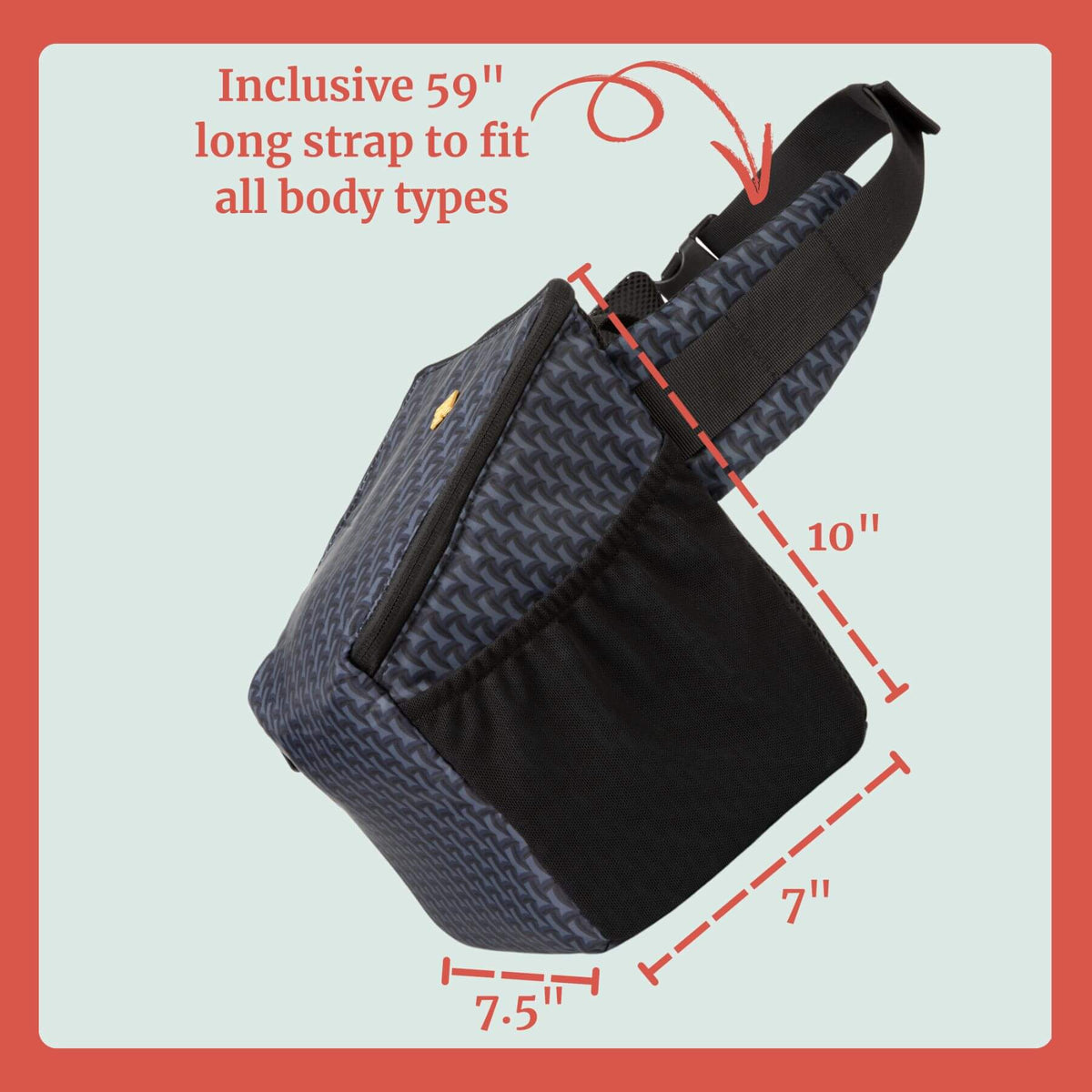 Idaho Jones Pumping Bag with measurements and text on a light blue background