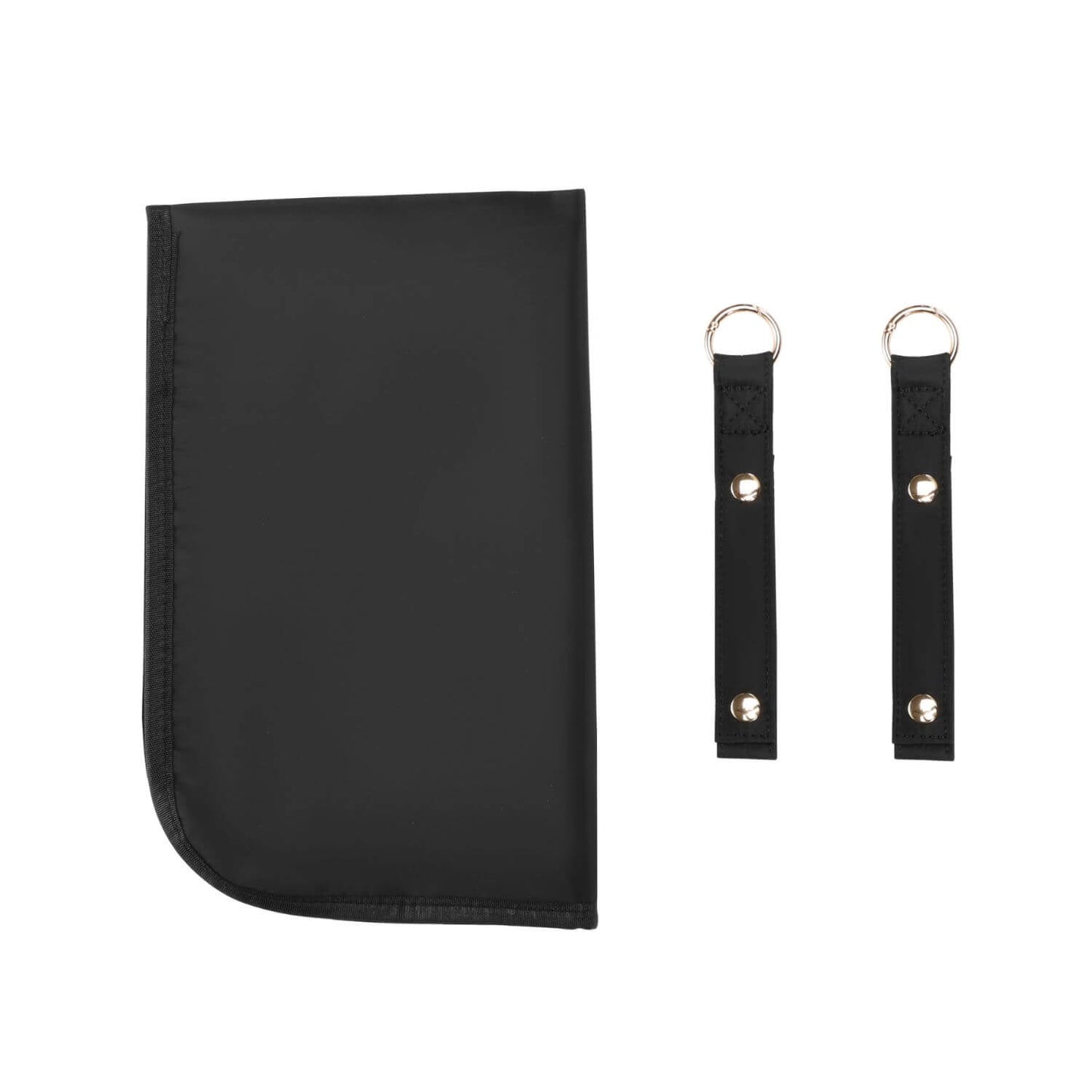 A black nylon pouch with rounded corners shown next to two matching black strap keychains with silver-tone metal rings and snaps, on a solid white background.