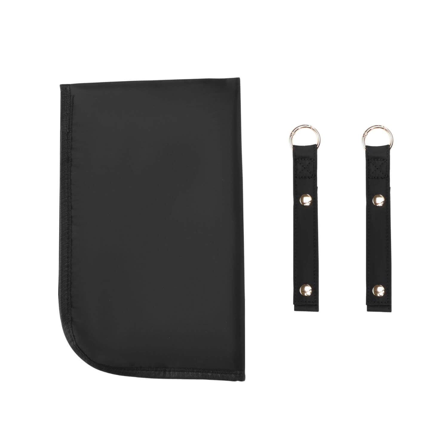 A black nylon pouch with rounded corners shown next to two matching black strap keychains with silver-tone metal rings and snaps, on a solid white background.