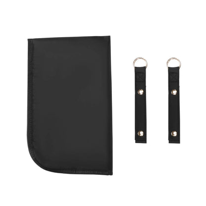 A black nylon pouch with rounded corners shown next to two matching black strap keychains with silver-tone metal rings and snaps, on a solid white background.