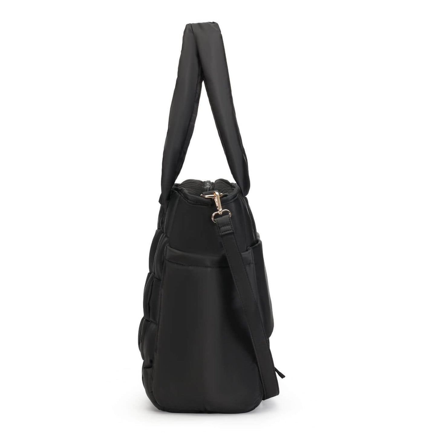 Luli Bebé Infinite Diaper Bag - Black, shown from a side profile view against a plain white background.