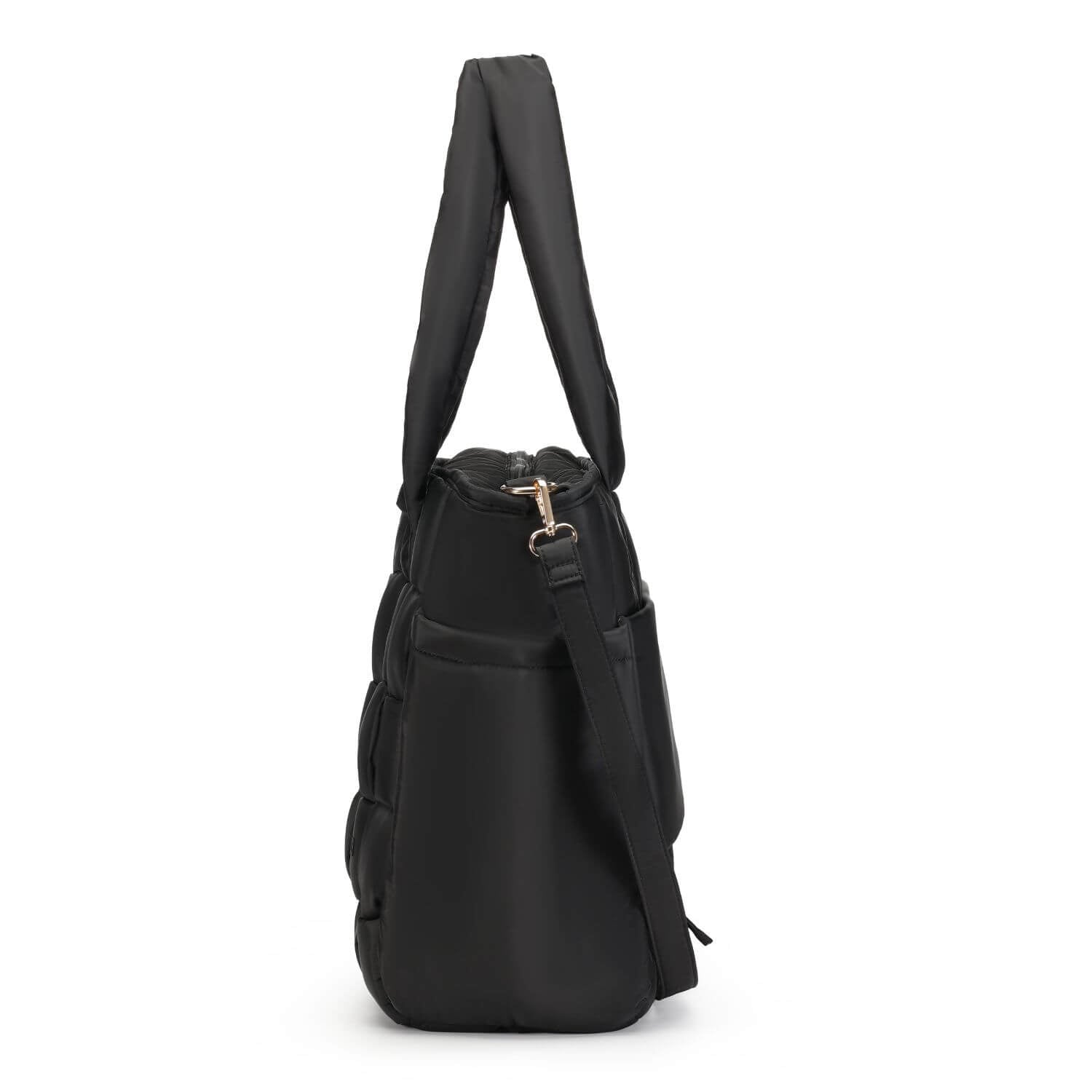 Luli Bebé Infinite Diaper Bag - Black, shown from a side profile view against a plain white background.