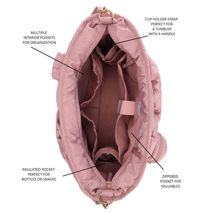 An overhead view of Luli Bebé Infinite Diaper Bag - Blush shown open with text callouts pointing to its interior features, including multiple organization pockets, a cup holder strap, an insulated pocket, and a zipper pocket.