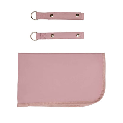 A dusty pink fabric accessory set on a white background, featuring a large soft pouch with rounded corners and two matching strap pieces with metal D-rings and silver snaps.