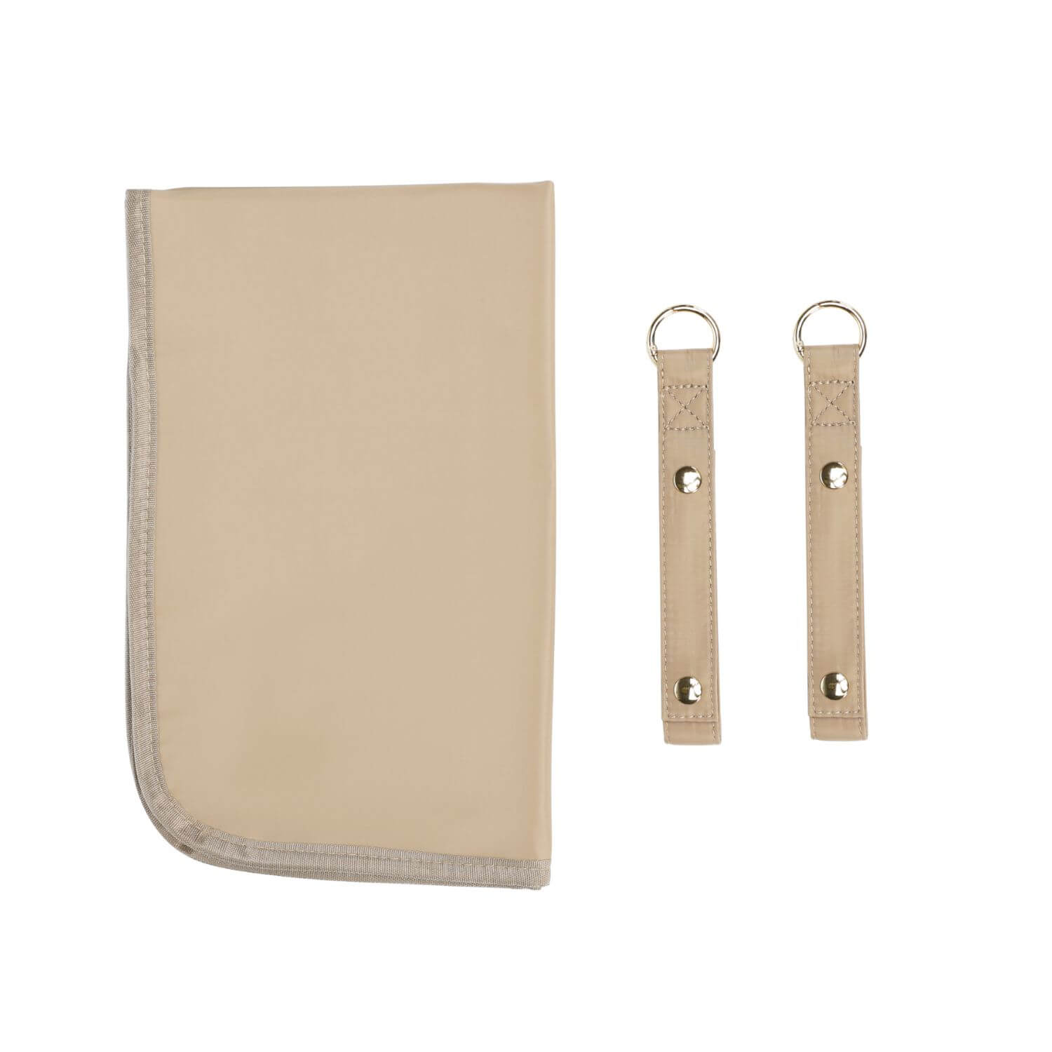 A beige fabric pouch with rounded corners and a stitched border, shown next to two matching beige strap-like pieces with metal rings and snap fasteners, on a plain white background.