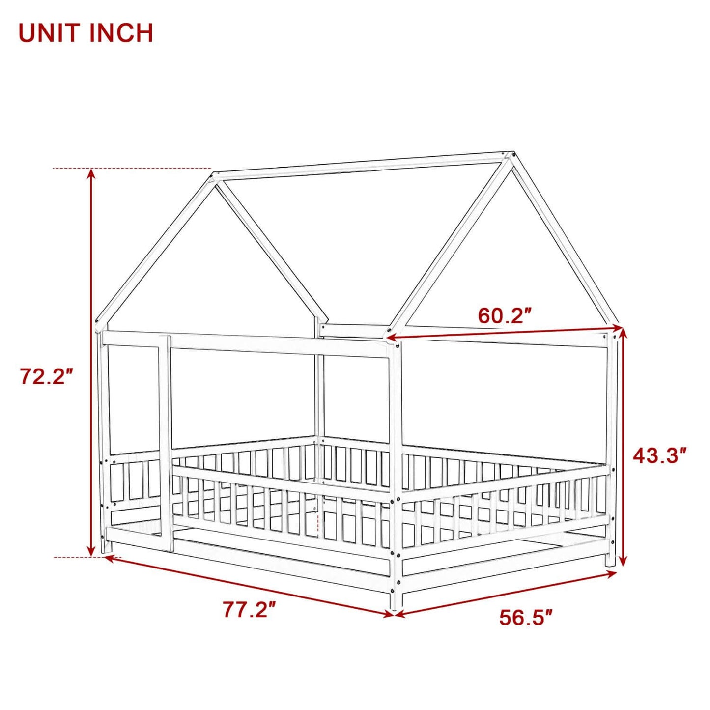 Inspirit Full Size House Floor Wooden Bed - Natural with dimensions