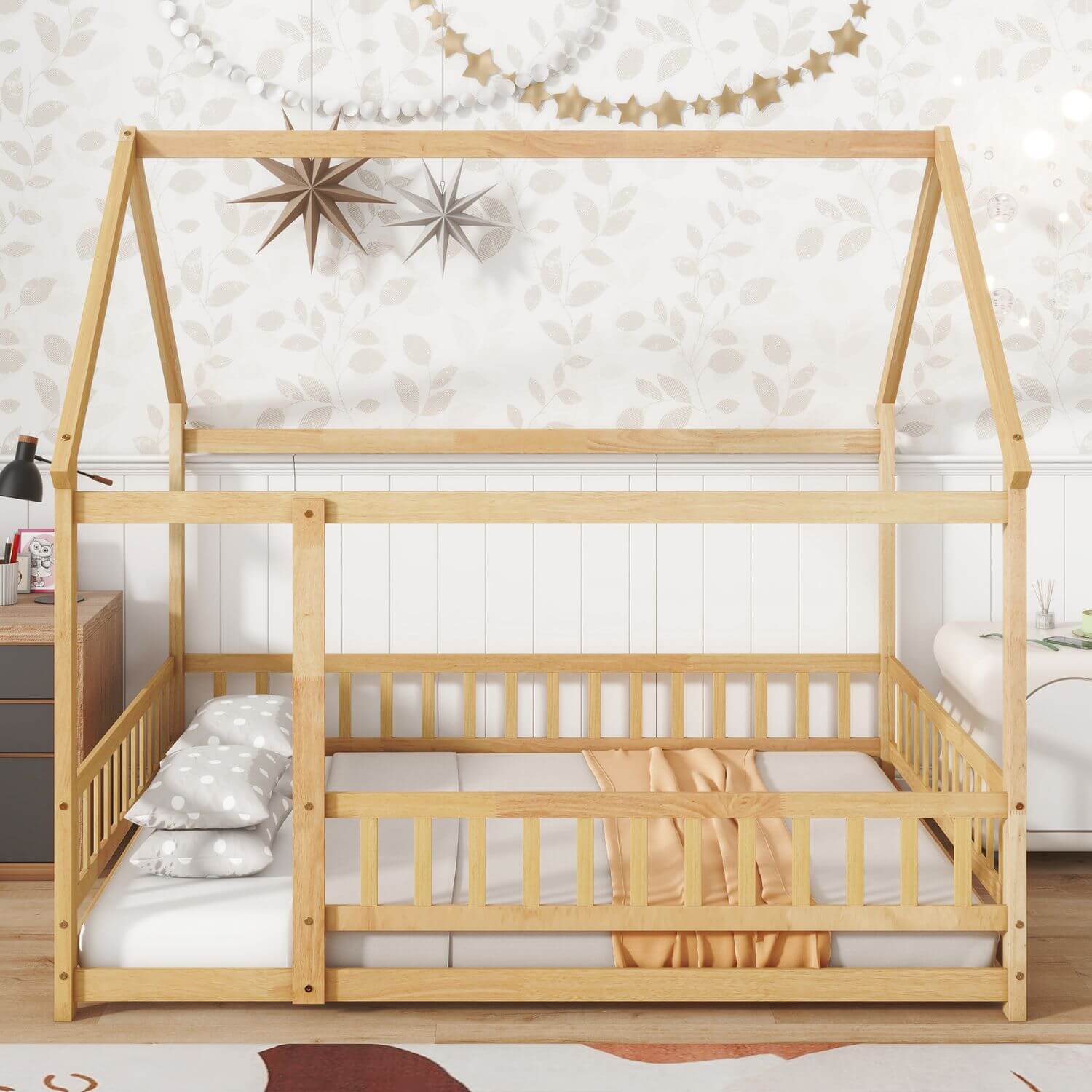Inspirit Full Size House Floor Wooden Bed - Natural in a bedroom