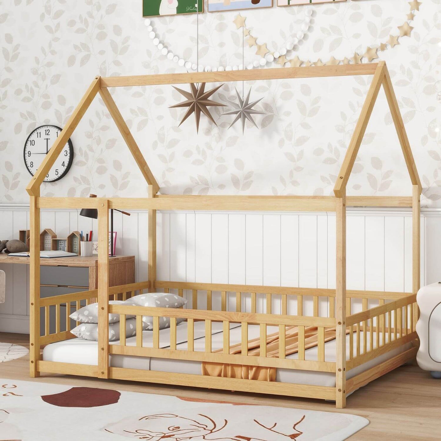 Inspirit Full Size House Floor Wooden Bed - Natural in a bedroom