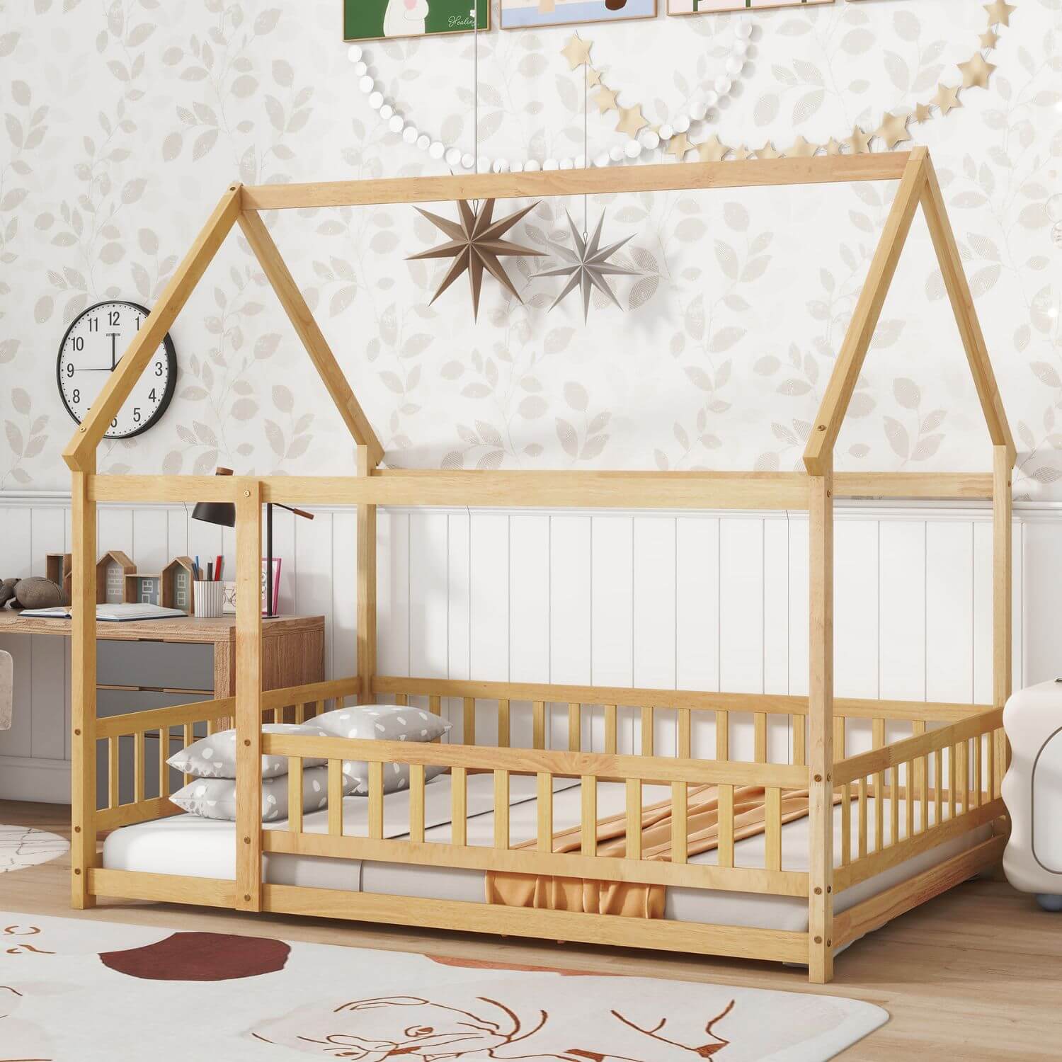 Inspirit Full Size House Floor Wooden Bed - Natural in a bedroom