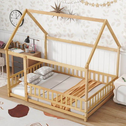Inspirit Full Size House Floor Wooden Bed - Natural in a bedroom