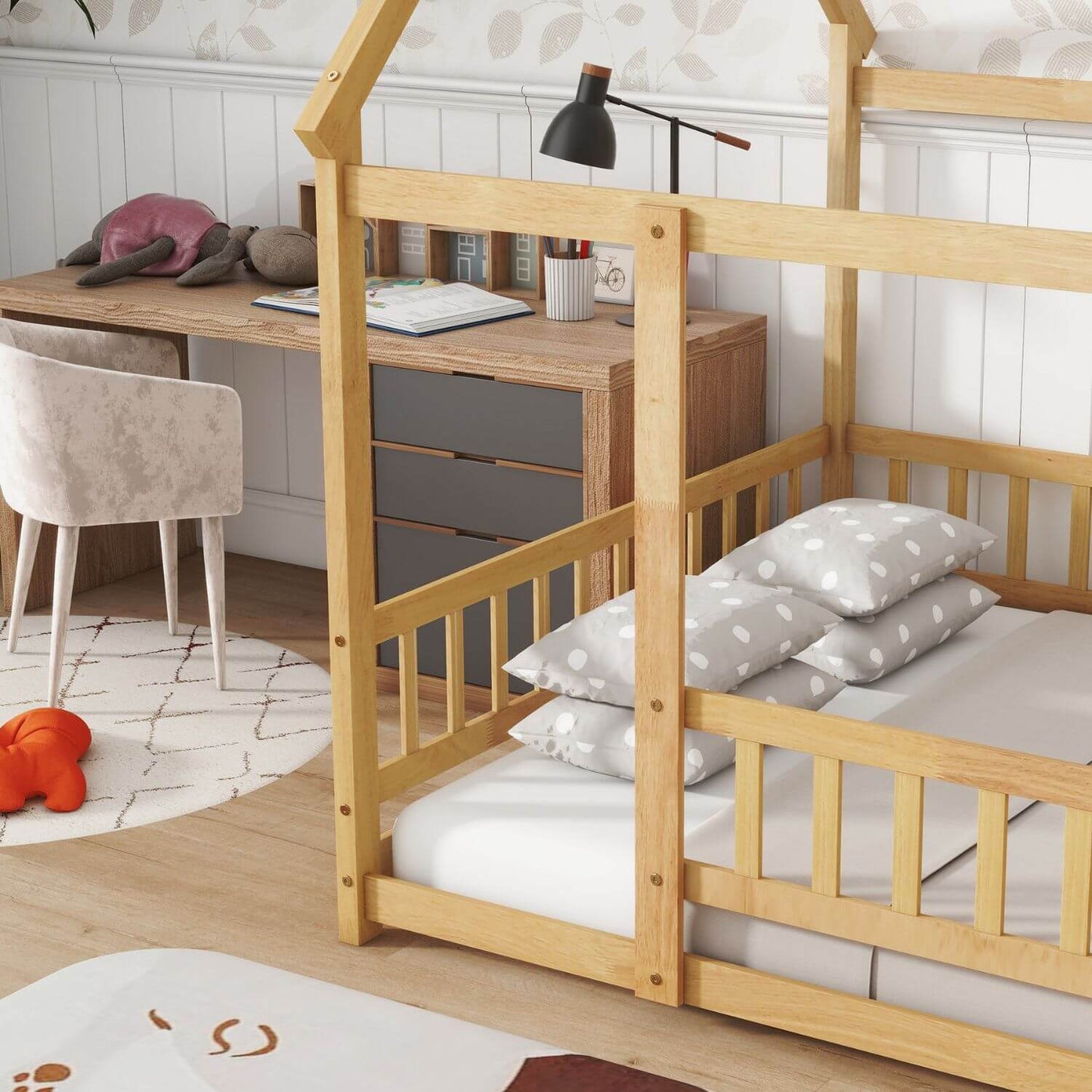 Close-up of Inspirit Full Size House Floor Wooden Bed - Natural
