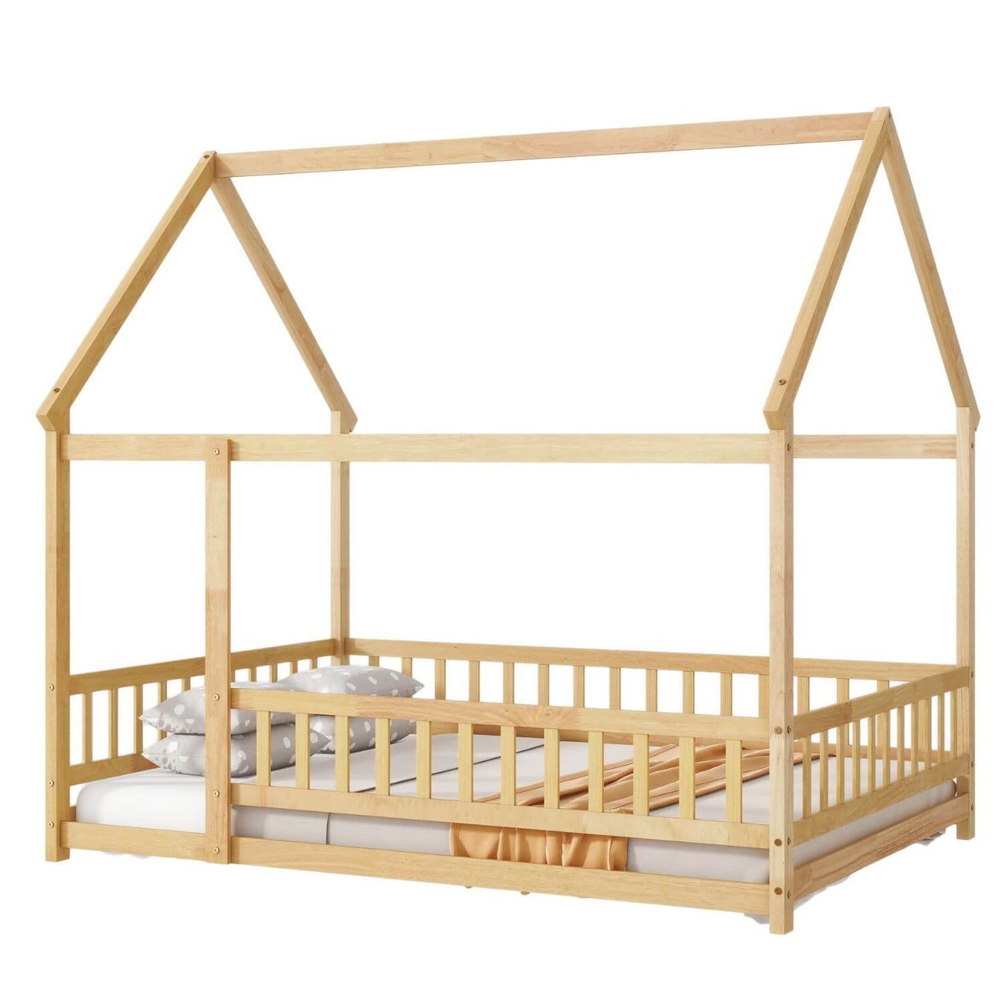 Inspirit Full Size House Floor Wooden Bed - Natural