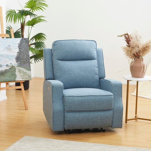 HOMCOM Electric Power Nursery Recliner | Blue Linen Upholstery Armchair
