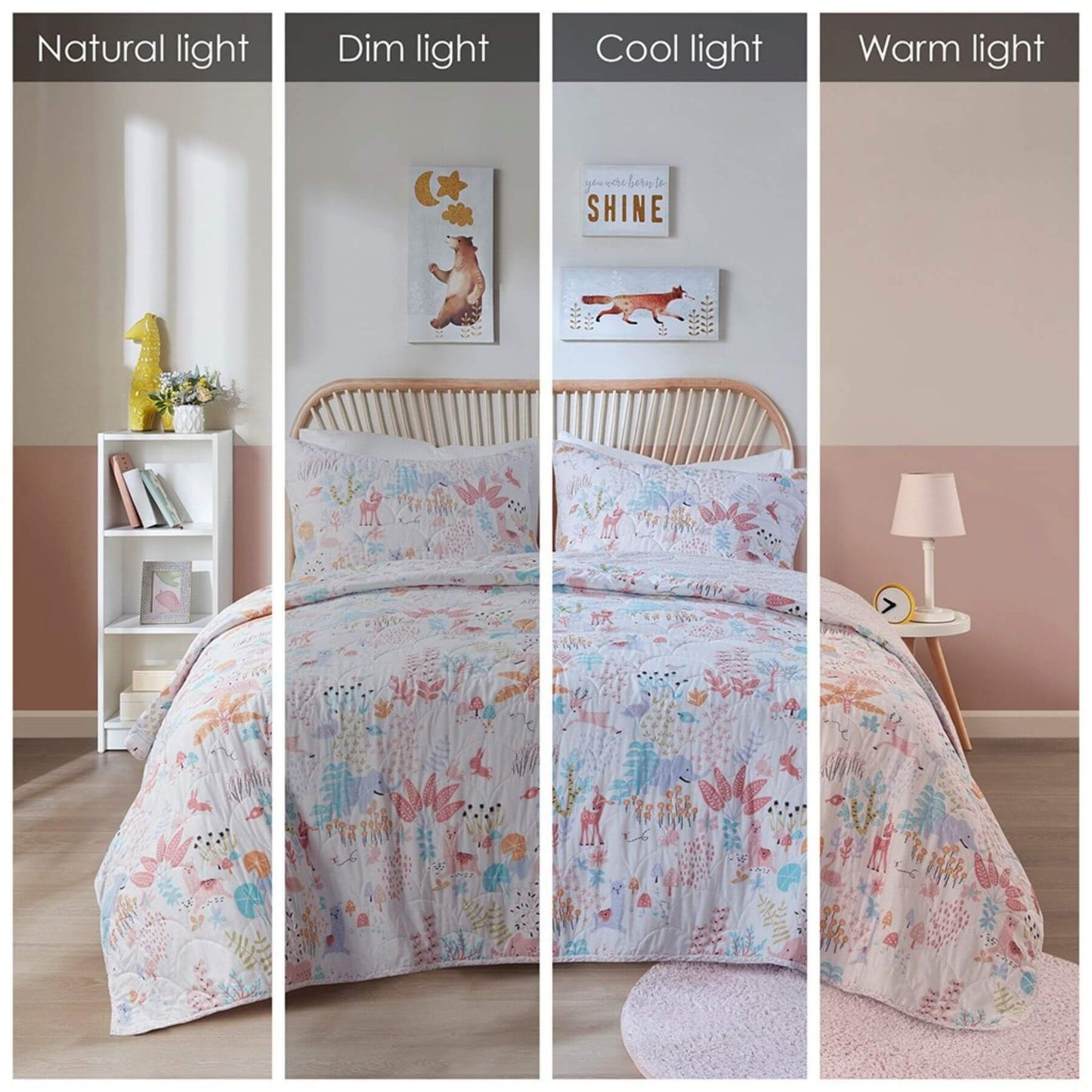 Iris Woodland Animals Reversible Cotton Quilt Set - View Under 4 Degrees of Light