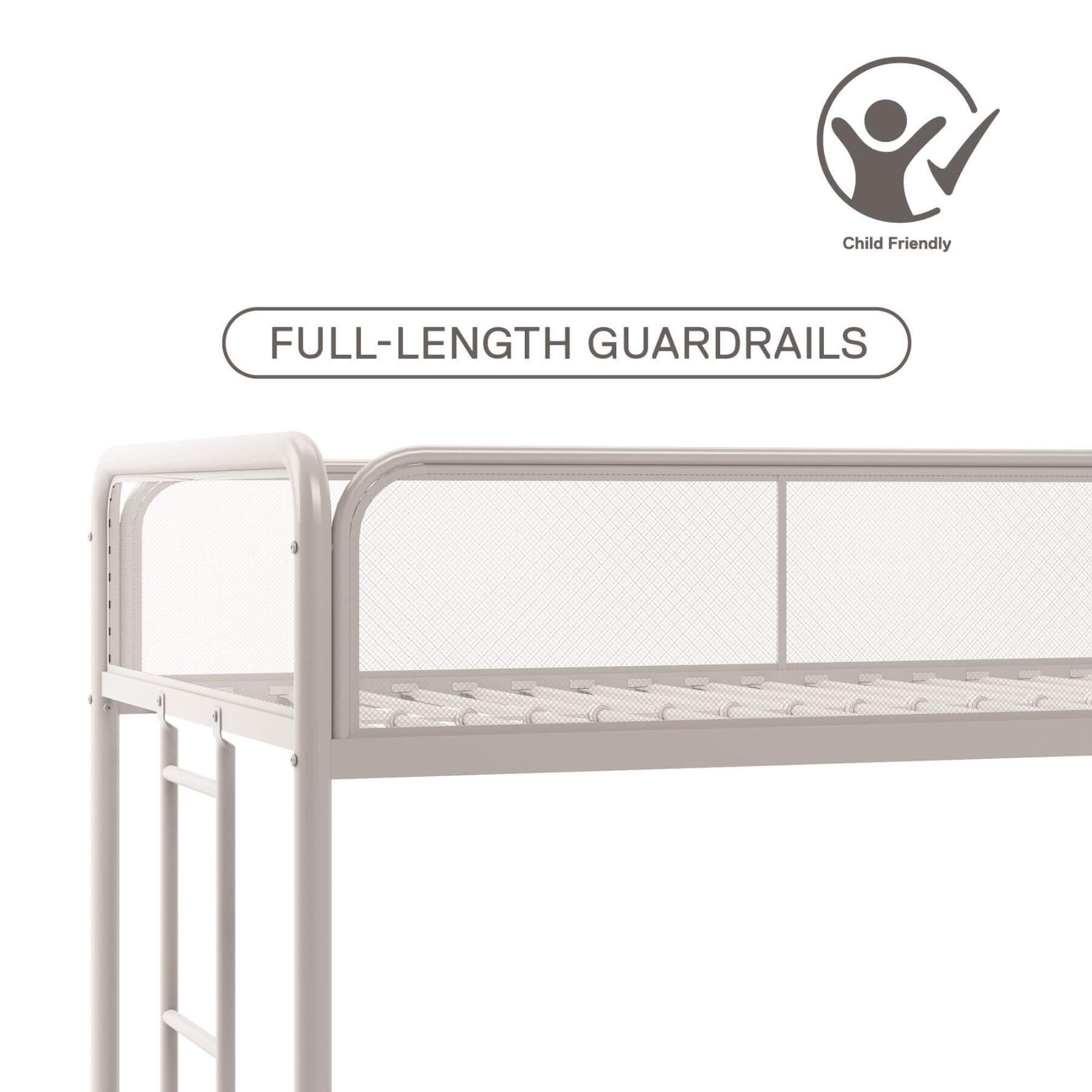 Metal bed frame with full-length guardrails on a white background